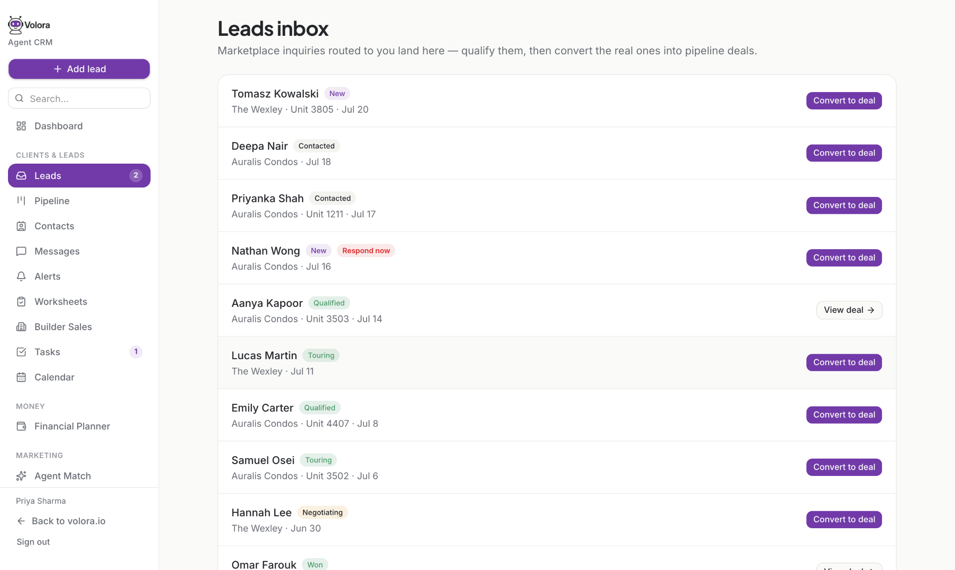 Volora leads inbox